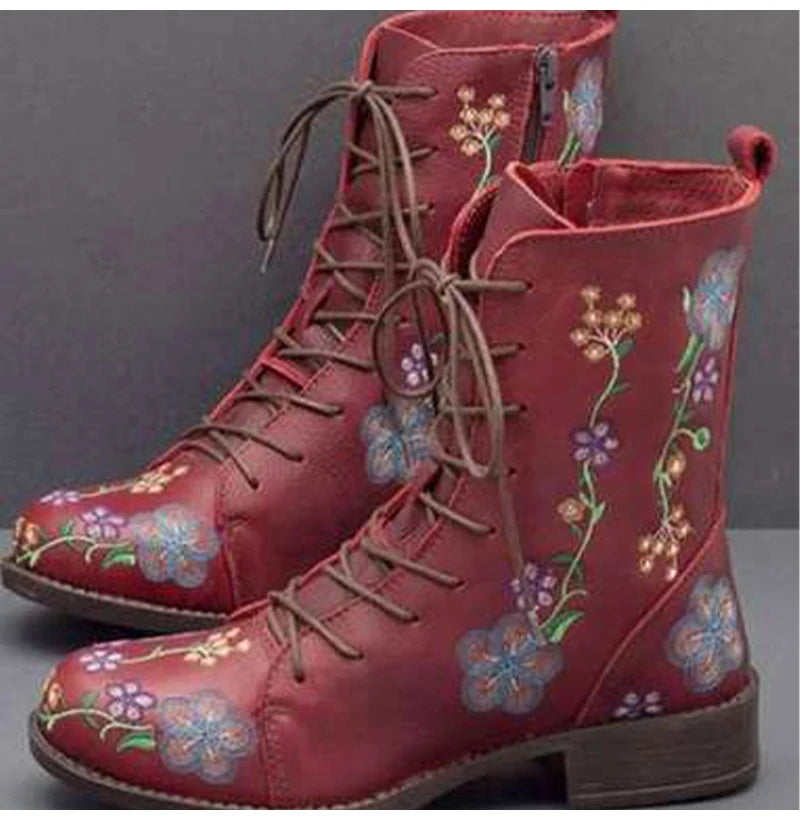 Woman Ankle Boots Embroidery Big Size 43 Flower Boots 2020 Women Autumn Winter Lace Up PU Leather Female Footwear Ladies Shoes