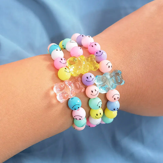 ZX Handmade Similey Face Beads Chain Charm Bracelet for Women Girls INS Cute Transparent Bear Bracelet Adjustable Chain Bracelet