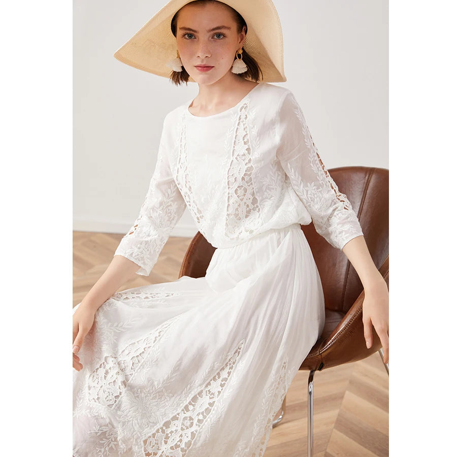 TEELYNN silk cotton lace dress white floral Embroidery party dresses 2019 vintage midi Autumn dresses brand long women dresses