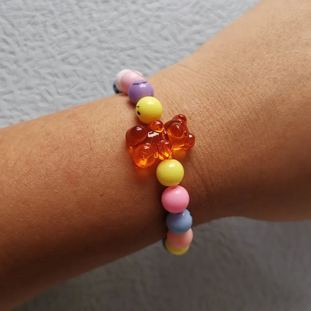 ZX Handmade Similey Face Beads Chain Charm Bracelet for Women Girls INS Cute Transparent Bear Bracelet Adjustable Chain Bracelet