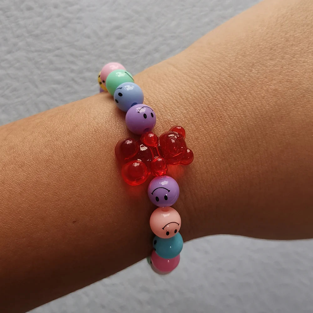 ZX Handmade Similey Face Beads Chain Charm Bracelet for Women Girls INS Cute Transparent Bear Bracelet Adjustable Chain Bracelet