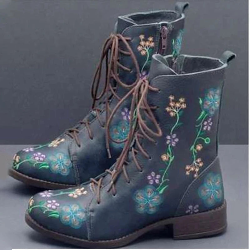 Woman Ankle Boots Embroidery Big Size 43 Flower Boots 2020 Women Autumn Winter Lace Up PU Leather Female Footwear Ladies Shoes