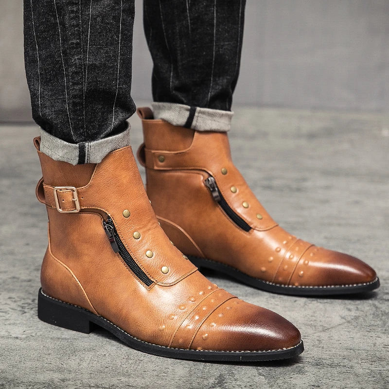 Men Basic Boots PU Leather Vintage Fashion Mens Shoes Zip Winter Autumn Ankle Boots Motorcycle Boots For Men Big Size 38-46