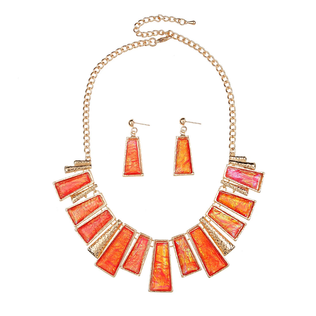 MINHIN New Fashion Jewelry Set Green Rectangle With Colorful Pattern Series Link Gentle Lady's Necklace Earrings Set