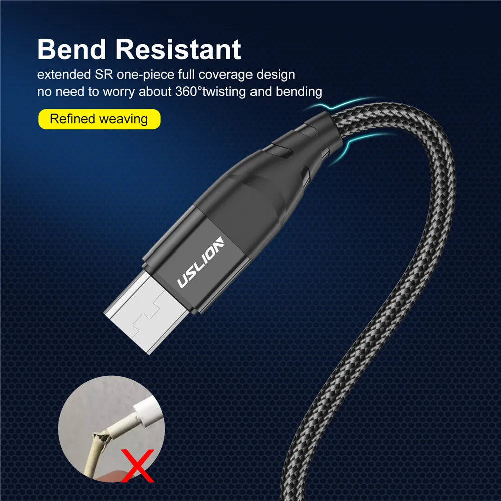 USLION Micro USB Cable 3A Quick Charge For Xiaomi Mobile Phone Fast Charging USB Cable Data Charger Wire Micro USB Cables Cord