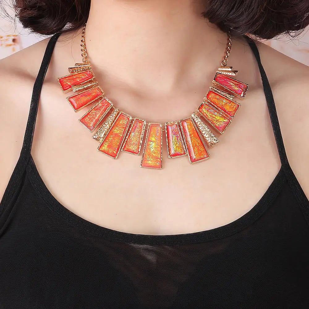 MINHIN New Fashion Jewelry Set Green Rectangle With Colorful Pattern Series Link Gentle Lady's Necklace Earrings Set