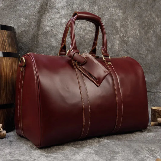 Brand Name Luxury Designer Genuine Leather Mens Travel Bag Wine Red Smooth Natural Cowskin Duffle Bag For Male 2019 Latest Style