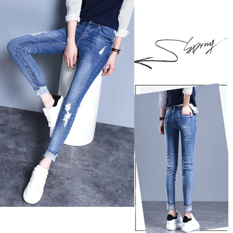 Streetwear Skinny Ripped Hole Jeans For Women 2022 High Waist Vintage Blue Pencil Denim Pants Korean Capris Slim Cowboy Trousers