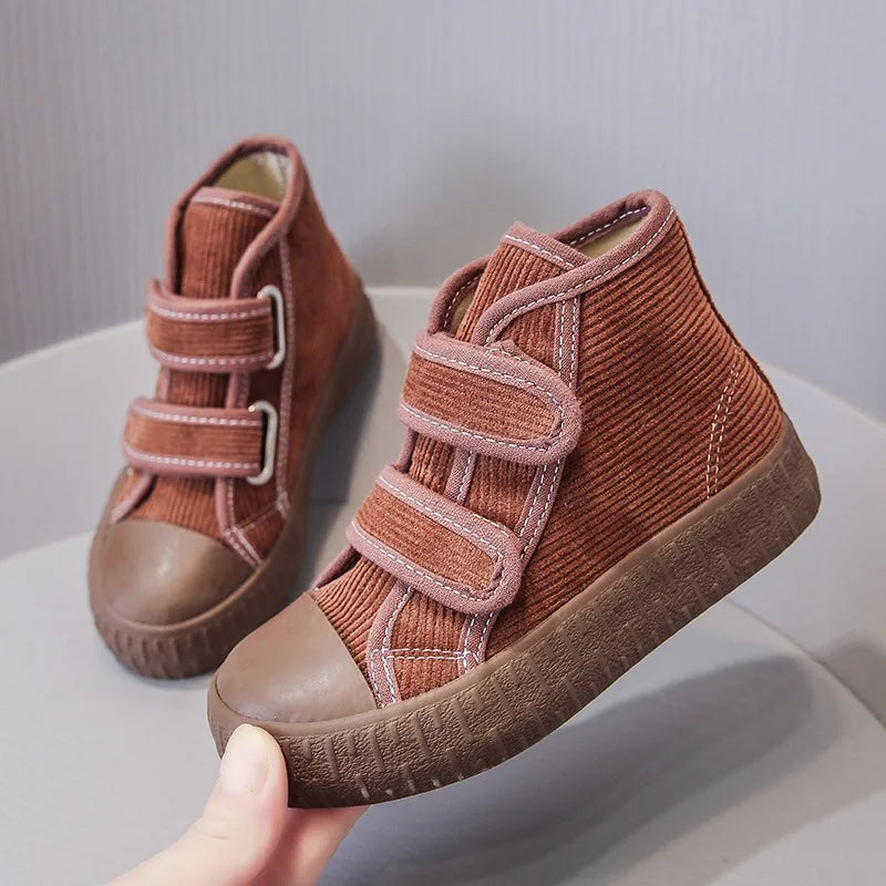 2021 Fashion Hook&Loop Soft Corduroy Kids Sneakers School Casual All-match Children Girl Shoes High Top Autumn Boys Boots E08051