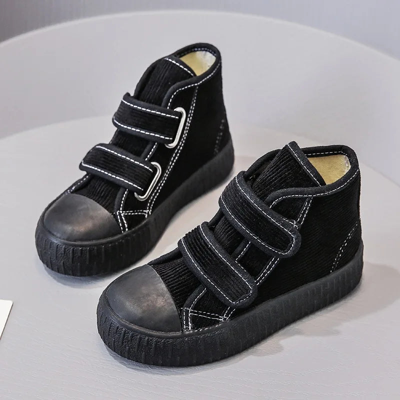 2021 Fashion Hook&Loop Soft Corduroy Kids Sneakers School Casual All-match Children Girl Shoes High Top Autumn Boys Boots E08051