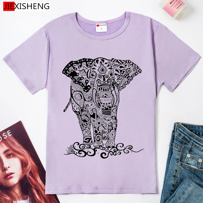 Summer 2021 Cartoons Funny T shirts Women Fashion Short Sleeve O-Neck Tee Shirt Elephant printed Top Crop HH170