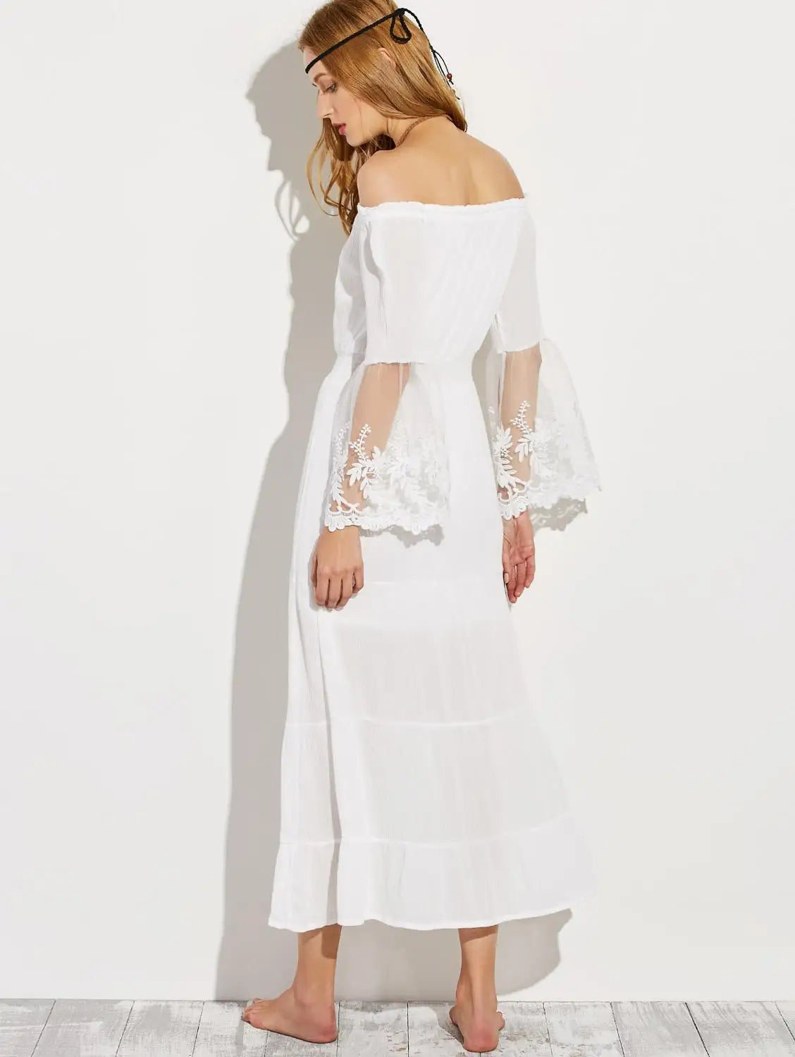 TEELYNN long  boho dress white sexy off the shoulder beach sundress Flare long sleeve splice lace women dresses summer vestidos