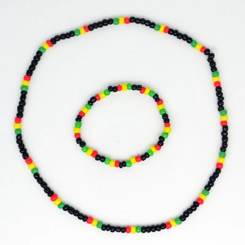 10Set Red Yellow Green Black Glass Seed Beads Necklace and Bracelet Jewelry Rasta Reggae Punk Hiphop  Elastic Stretch Fashion