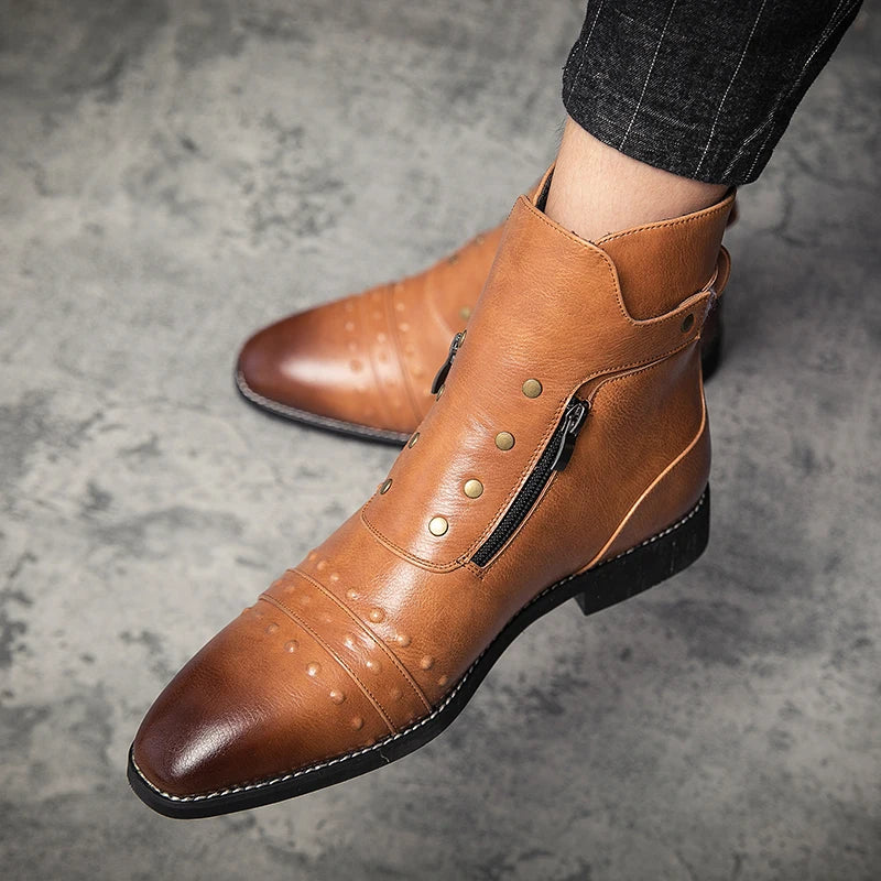 Men Basic Boots PU Leather Vintage Fashion Mens Shoes Zip Winter Autumn Ankle Boots Motorcycle Boots For Men Big Size 38-46