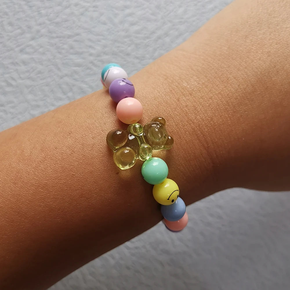 ZX Handmade Similey Face Beads Chain Charm Bracelet for Women Girls INS Cute Transparent Bear Bracelet Adjustable Chain Bracelet
