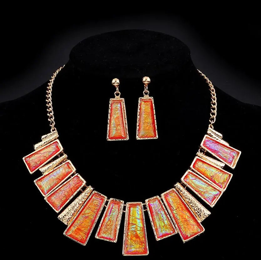 MINHIN New Fashion Jewelry Set Green Rectangle With Colorful Pattern Series Link Gentle Lady's Necklace Earrings Set