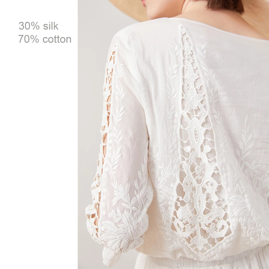 TEELYNN silk cotton lace dress white floral Embroidery party dresses 2019 vintage midi Autumn dresses brand long women dresses