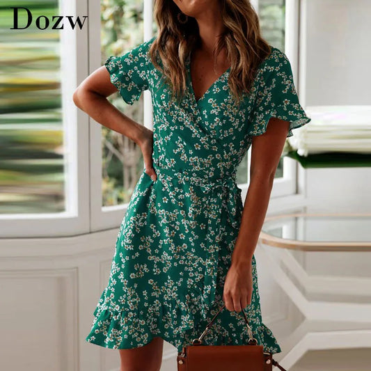 Women Dresses Summer 2022 Sexy V Neck Floral Print Boho Beach Dress Ruffle Short Sleeve A Line Mini Dress Wrap Sundress Robe