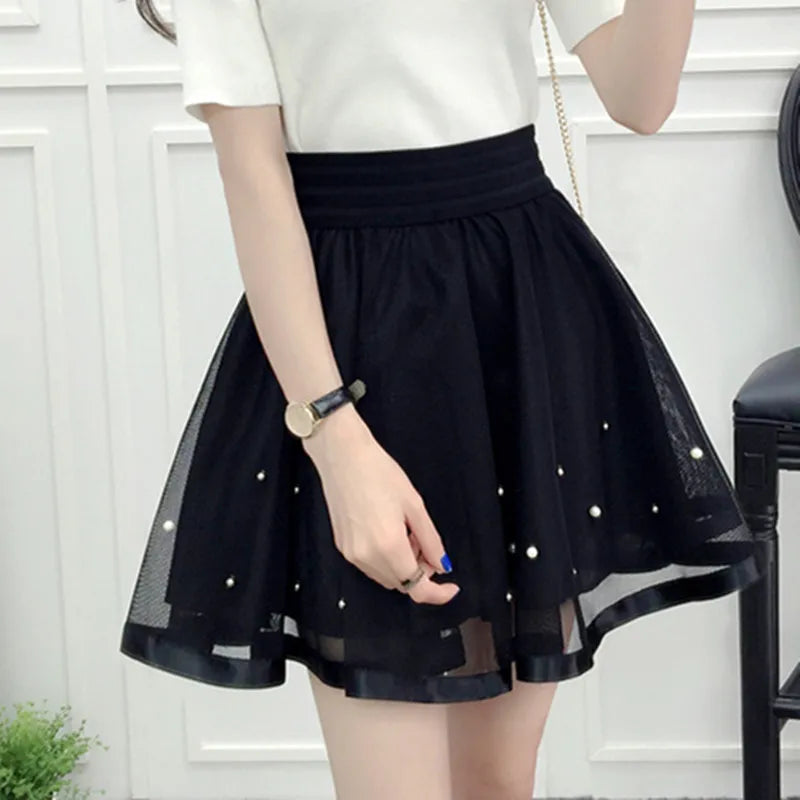2023 New Spring Summer Women Black Mini Skirt Korean Elastic High Waist Skirt Shorts Sweet Mesh Tulle Umbrella Skirt Falda Tul