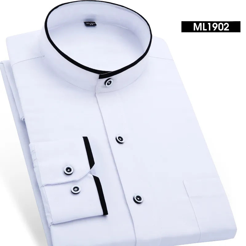 Mandarin Collar Business Formal Shirt Men's Solid Color Dress Shirt Office Wear White/Black Color Asian Size