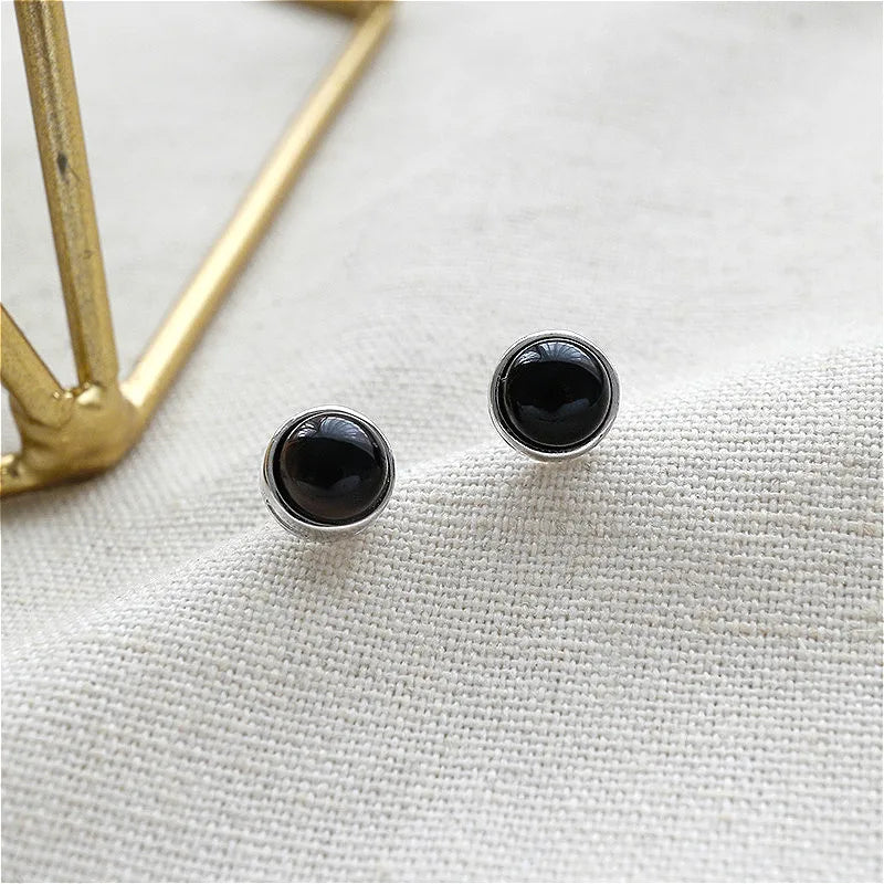 Flyleaf 925 Sterling Silver Round Black Onyx Stud Earrings For Women Personality Simple Earings Fashion Jewelry High Quality