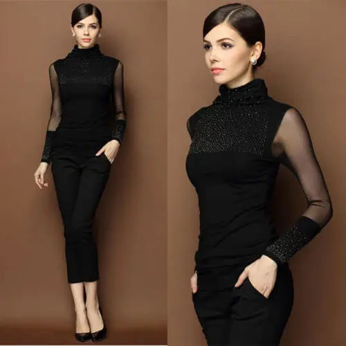 M-3XL Sexy Lace Tops Autumn 2019 blusas new Slim Plus size lace T-Shirt long sleeve Casual shirt beaded openwork Women clothing