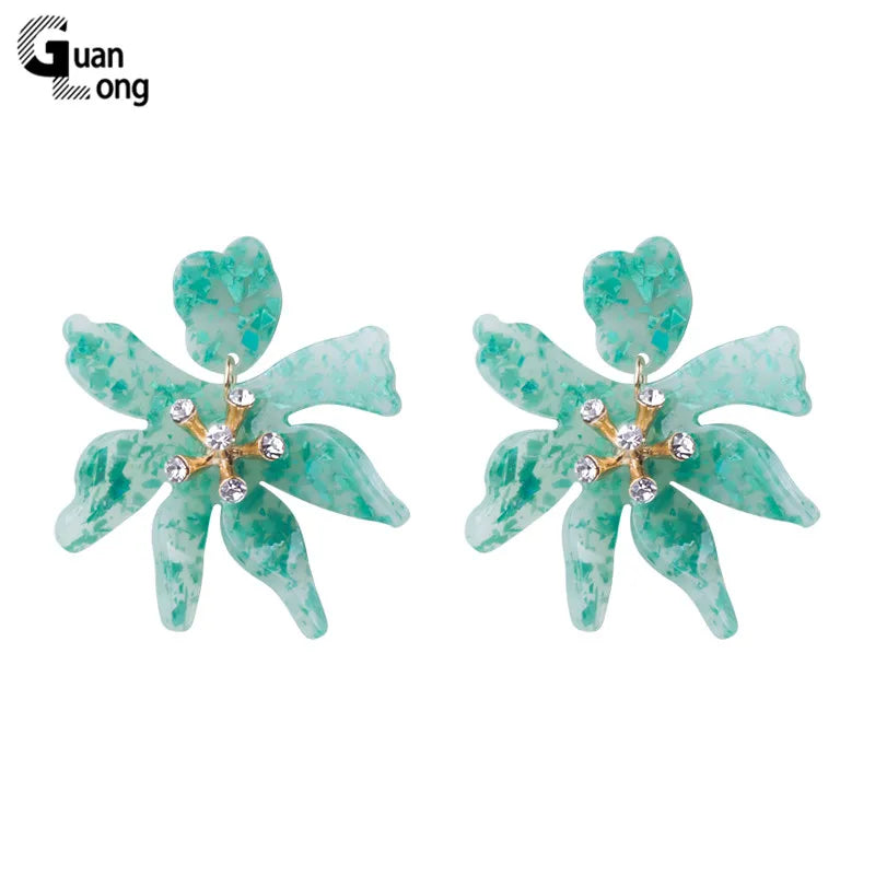 GuanLong Acetic Acid Flower Dangle Earrings for Women Trending Korean Big Drop Earings for Girl Colorful Acrylic Hanging Brincos