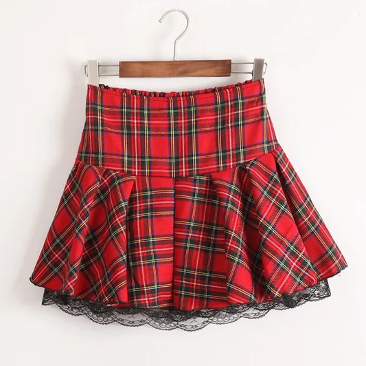 S-XXXL Women Uniform Skirt Red Plaid Plus Size High Quality Preppy style Lace Hem With Lining Elastic Waist Student Girl Bottoms