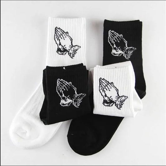 Fashion skate cotton crew socks of Virgin Mary gesture pattern for men women tide brand hip hop funny novelty  white black Funky