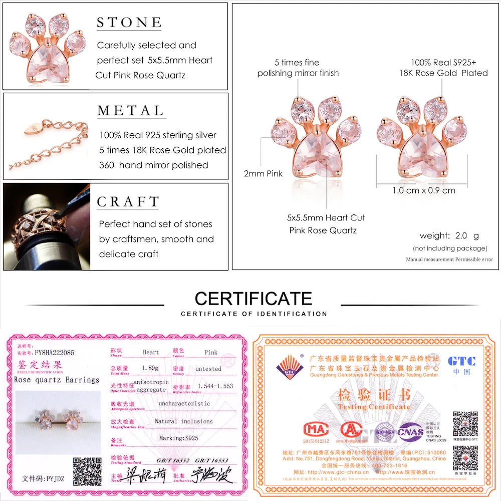 LAMOON Cat Paw 925 Sterling Silver Earrings For Women Rose Quartz Stud Earring Gemstone Stud Earings Fine Jewelry EI040-2