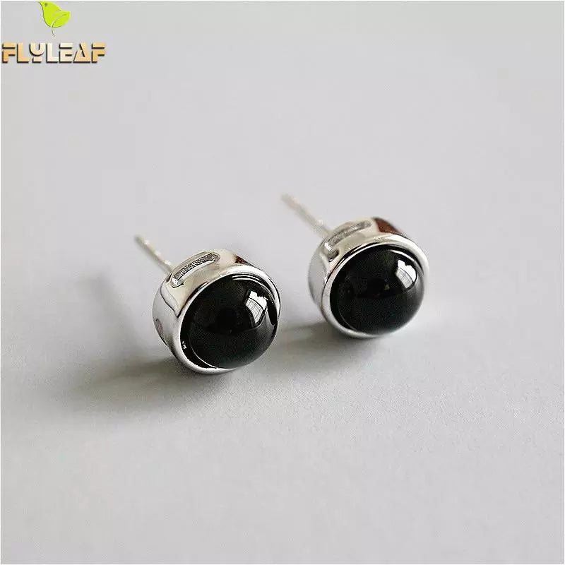 Flyleaf 925 Sterling Silver Round Black Onyx Stud Earrings For Women Personality Simple Earings Fashion Jewelry High Quality