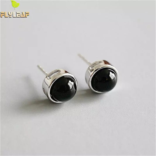 Flyleaf 925 Sterling Silver Round Black Onyx Stud Earrings For Women Personality Simple Earings Fashion Jewelry High Quality