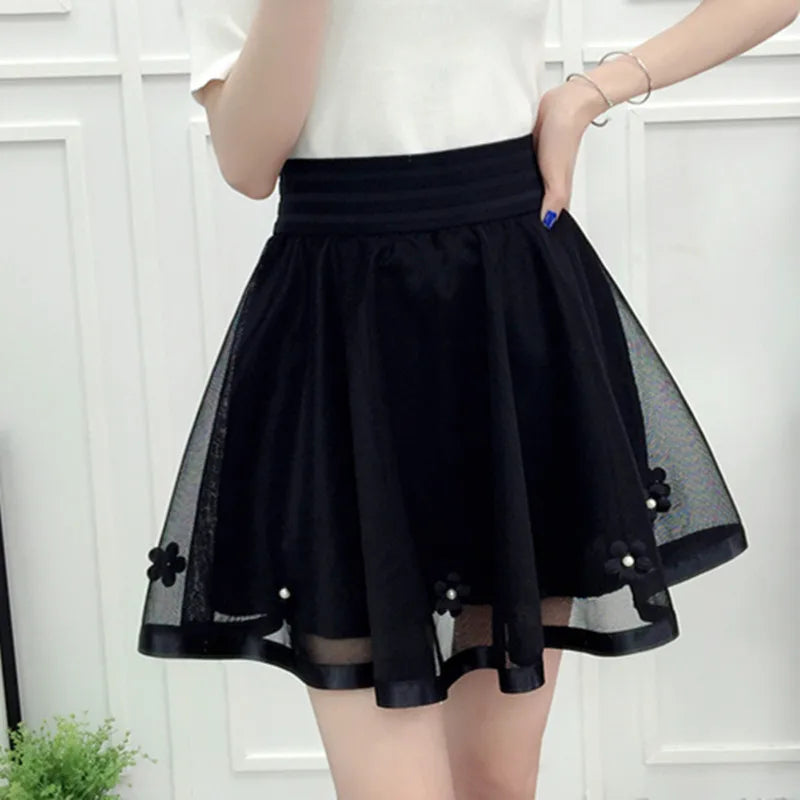 2023 New Spring Summer Women Black Mini Skirt Korean Elastic High Waist Skirt Shorts Sweet Mesh Tulle Umbrella Skirt Falda Tul