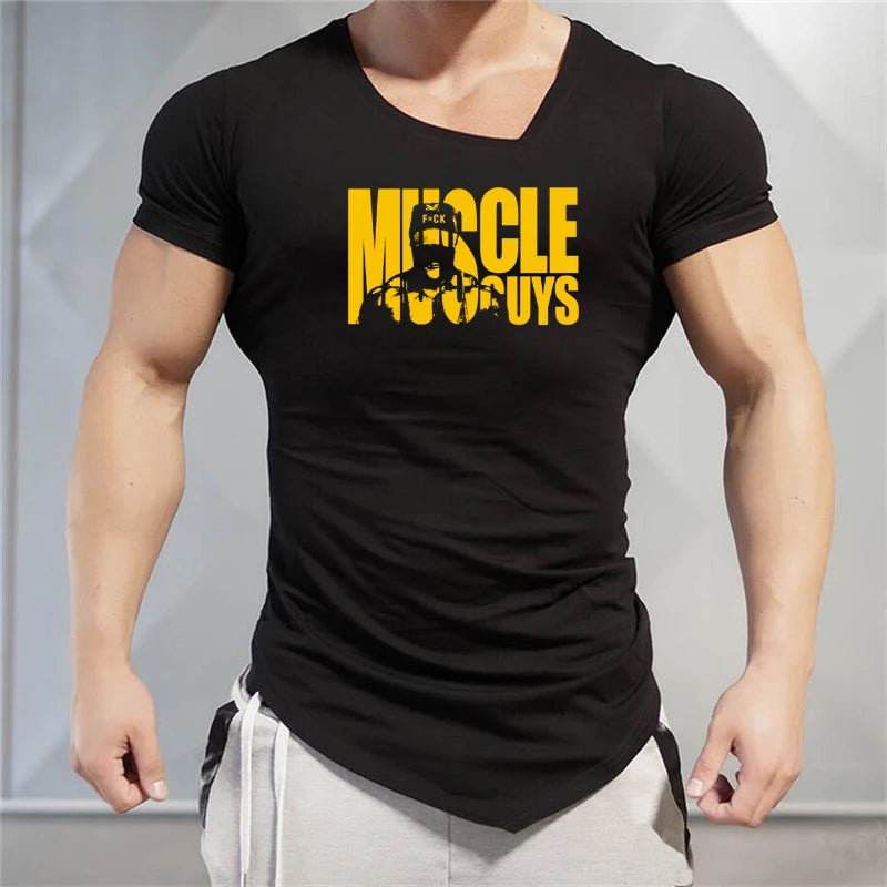 Muscleguys Brand Letters print Mens T-Shirts Fitness gyms Clothing Workout V neck TShirt Cotton Bodybuilding T Shirt Men