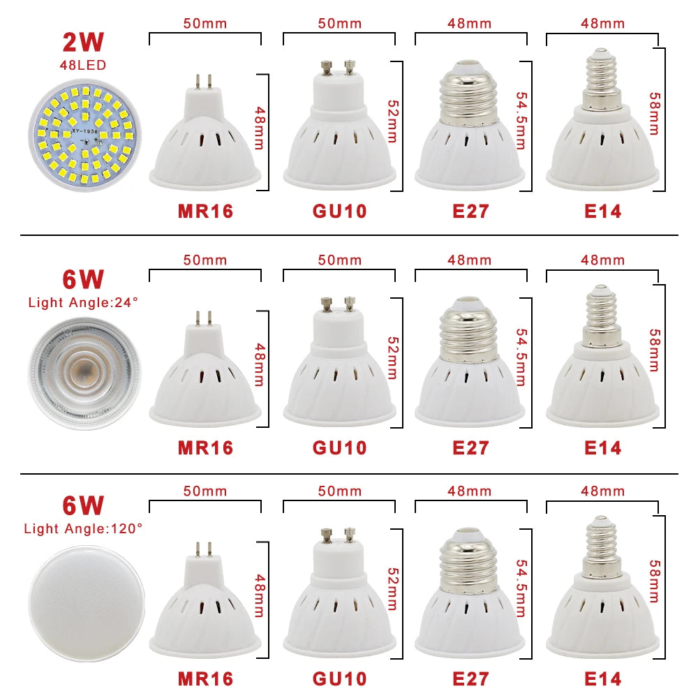 220V LED Lamp Cup E27 E14 MR16 GU10 Bulb Light Lampada LED Spotlight 48 LEDs 2835 Chip SMD Bombillas LED Lighting Corn Bulbs 6W