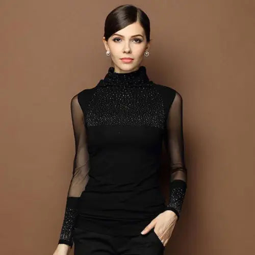 M-3XL Sexy Lace Tops Autumn 2019 blusas new Slim Plus size lace T-Shirt long sleeve Casual shirt beaded openwork Women clothing