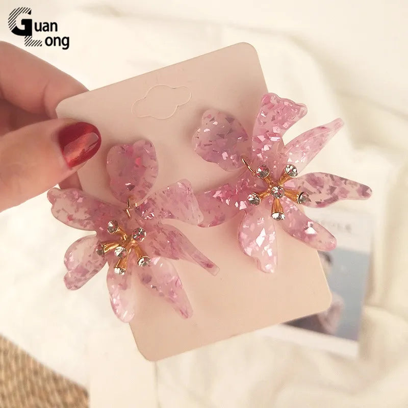 GuanLong Acetic Acid Flower Dangle Earrings for Women Trending Korean Big Drop Earings for Girl Colorful Acrylic Hanging Brincos