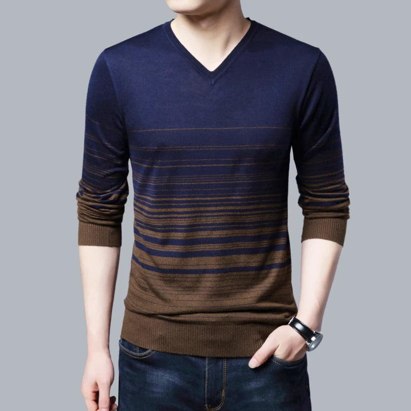 Liseaven Men Pullover Sweater V-Neck Sweaters Mens Striped Pattern Long Sleeve Cotton Tops Male Pullovers