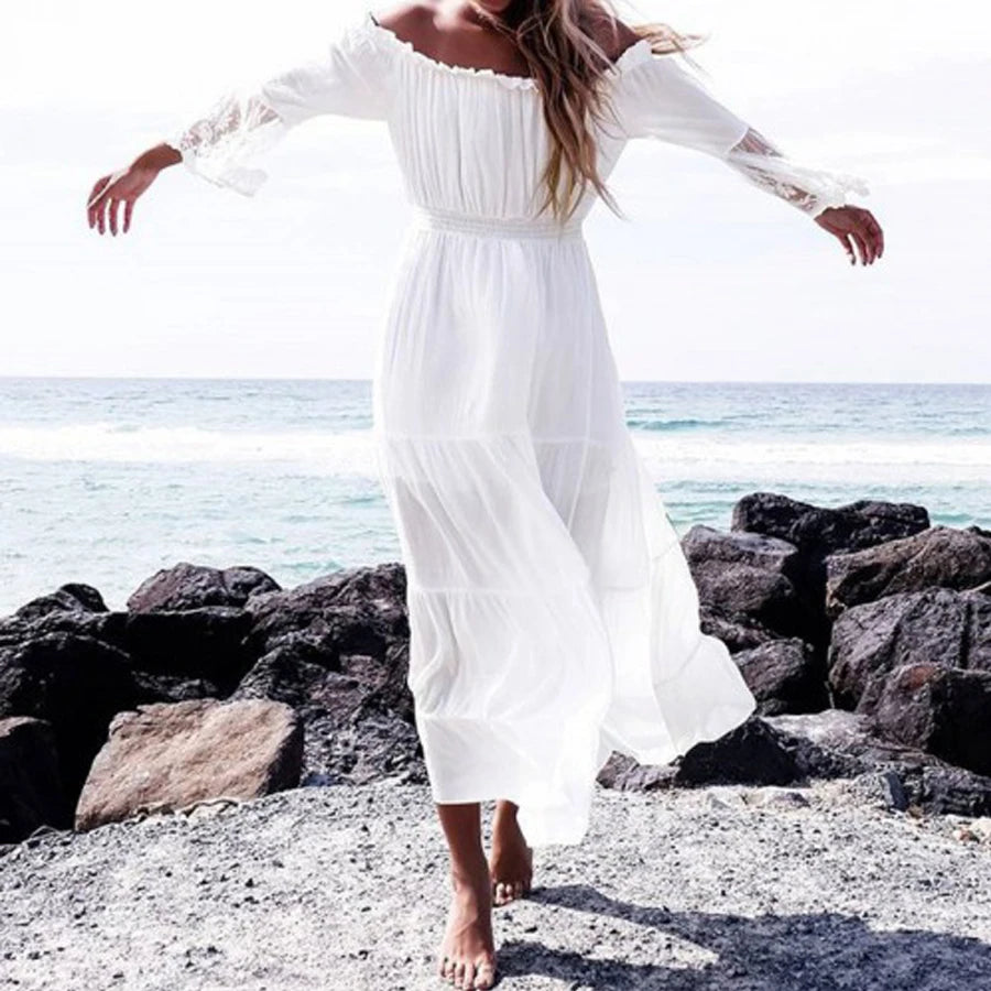 TEELYNN long  boho dress white sexy off the shoulder beach sundress Flare long sleeve splice lace women dresses summer vestidos