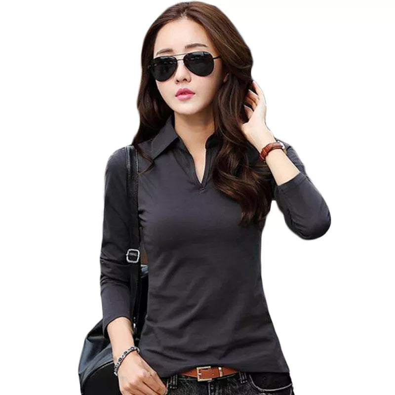 Rihschpiece Sexy Polo Shirt Women Black Long Sleeve shirt Plus Size Tops Punk Cotton Shirt Slim Clothes Polo RZF850