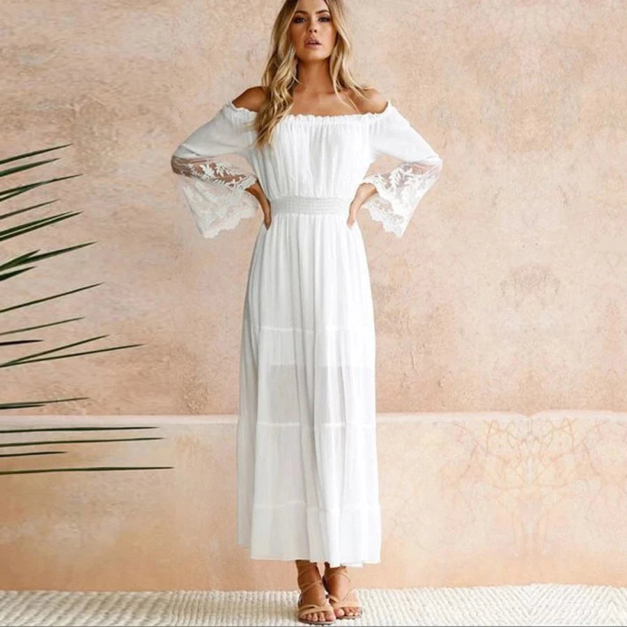TEELYNN long  boho dress white sexy off the shoulder beach sundress Flare long sleeve splice lace women dresses summer vestidos