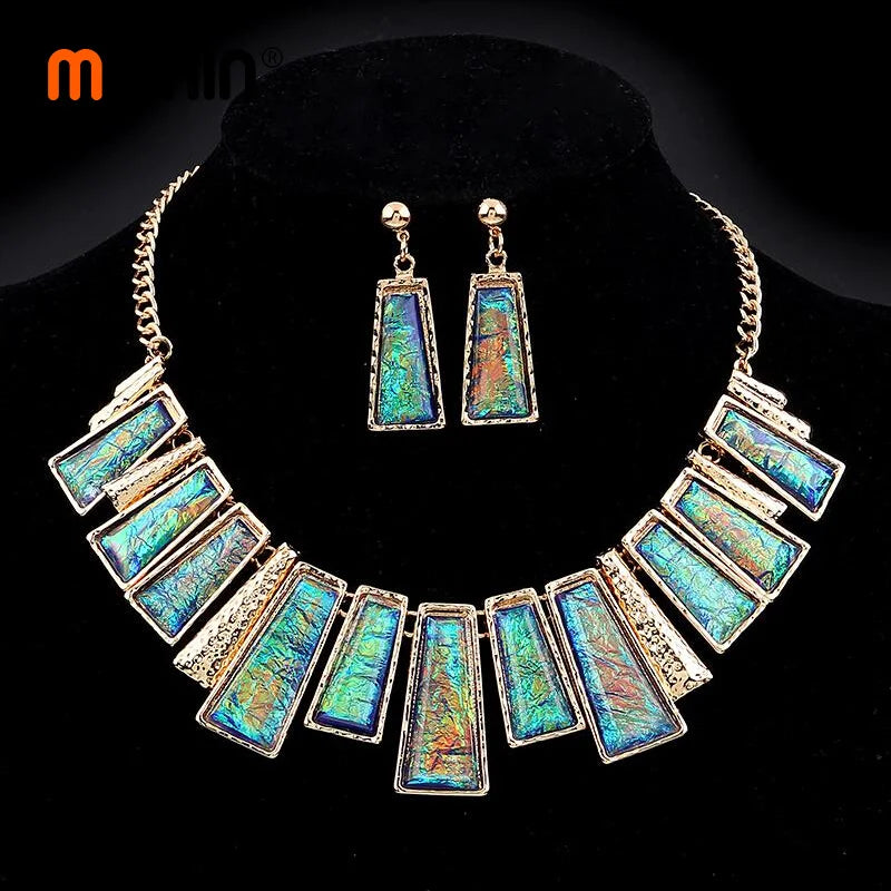 MINHIN New Fashion Jewelry Set Green Rectangle With Colorful Pattern Series Link Gentle Lady's Necklace Earrings Set