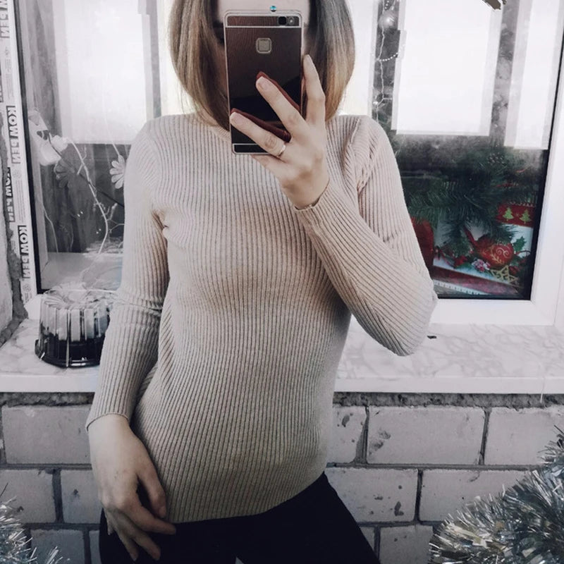 Spring Winter Women Classic Knitted Pullovers Slim Sweater Elasticity Casual Jumper Fashion Turtleneck Female Pull Base Clothes