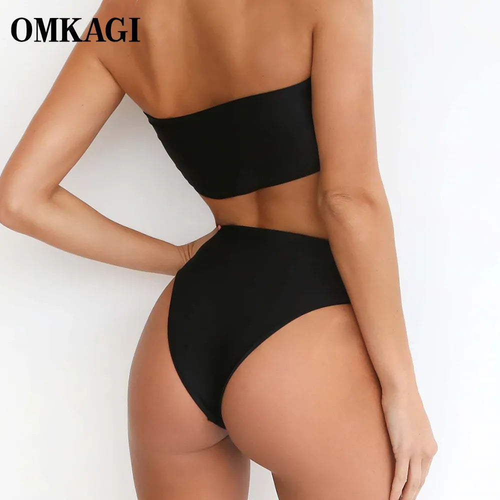 OMKAGI Swimsuit Swimwear Women 2021 Bandeau Solid High Waist Rose Black White Bathing Suit Biquinis Bra with Padded Bikini Set