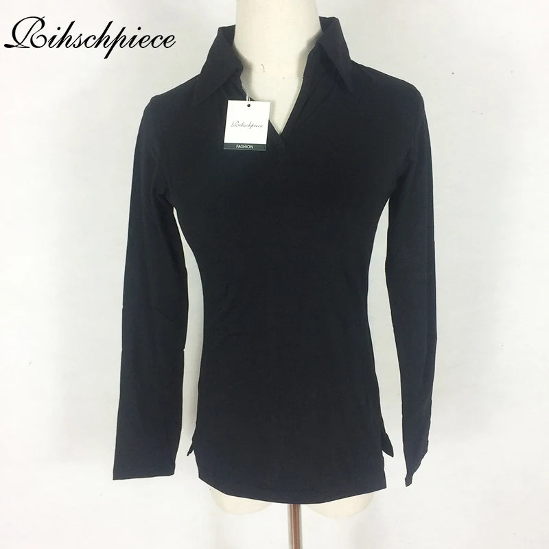 Rihschpiece Sexy Polo Shirt Women Black Long Sleeve shirt Plus Size Tops Punk Cotton Shirt Slim Clothes Polo RZF850
