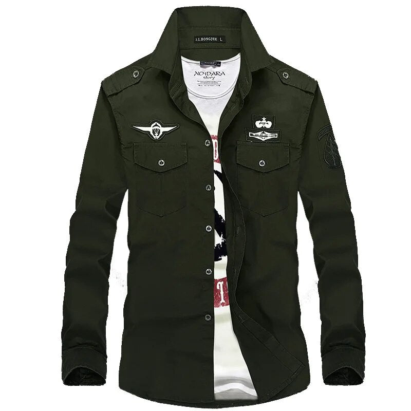 2023 New Double Pockets Men Dress Military Shirts Cotton Male Clothes Casual Slim Fit Shirts Men Camisa Masculina AYG82