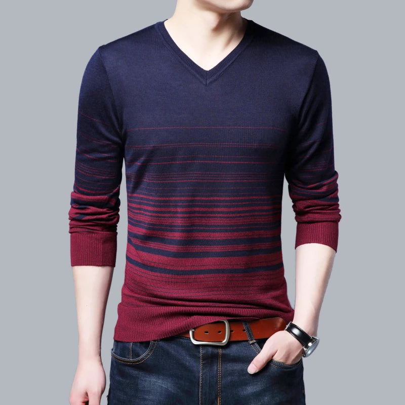 Liseaven Men Pullover Sweater V-Neck Sweaters Mens Striped Pattern Long Sleeve Cotton Tops Male Pullovers