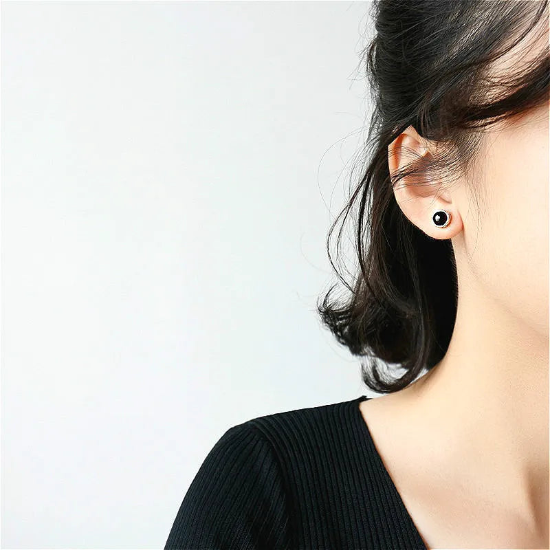Flyleaf 925 Sterling Silver Round Black Onyx Stud Earrings For Women Personality Simple Earings Fashion Jewelry High Quality