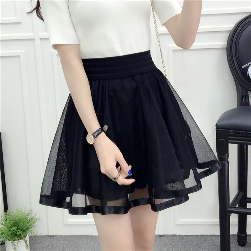 2023 New Spring Summer Women Black Mini Skirt Korean Elastic High Waist Skirt Shorts Sweet Mesh Tulle Umbrella Skirt Falda Tul