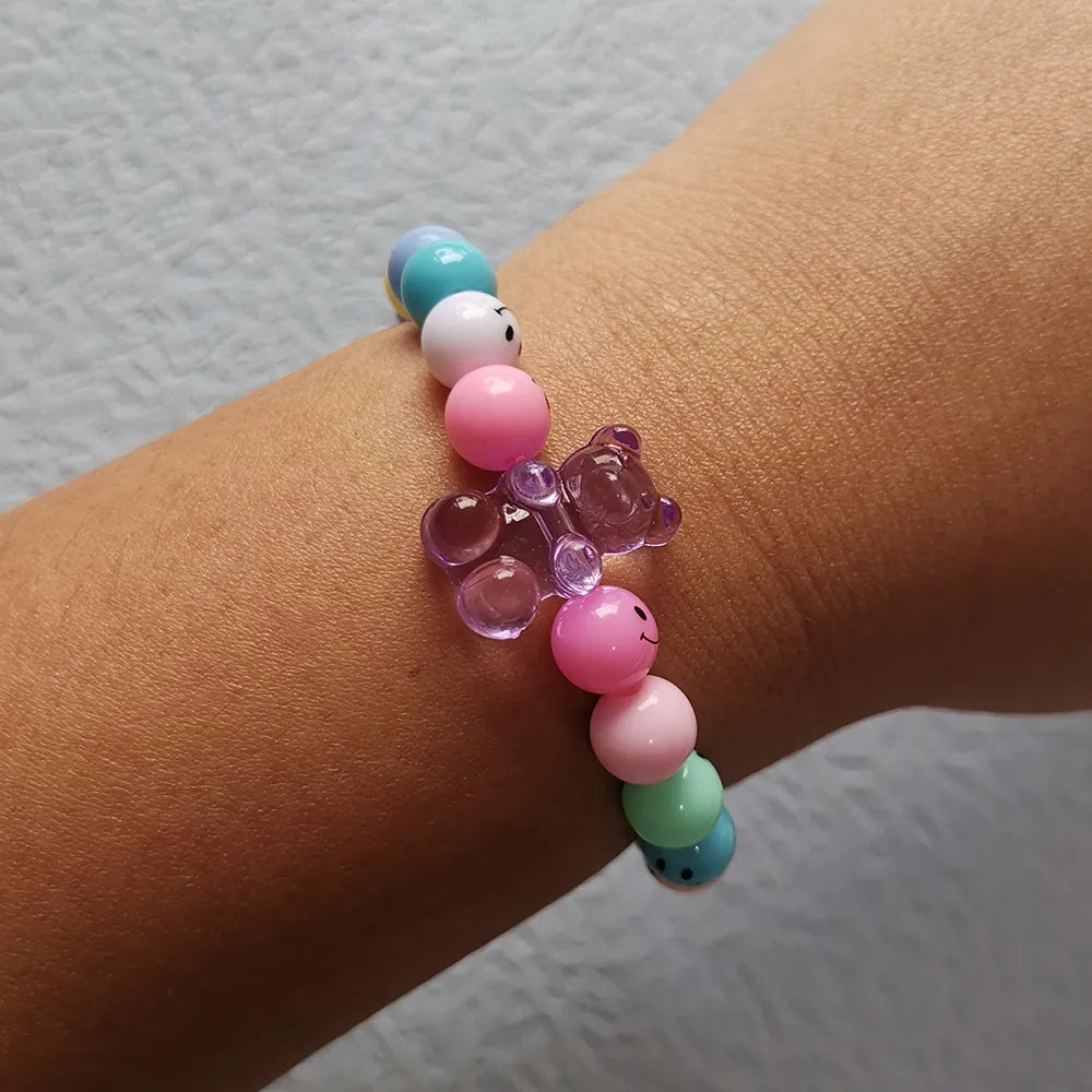 ZX Handmade Similey Face Beads Chain Charm Bracelet for Women Girls INS Cute Transparent Bear Bracelet Adjustable Chain Bracelet